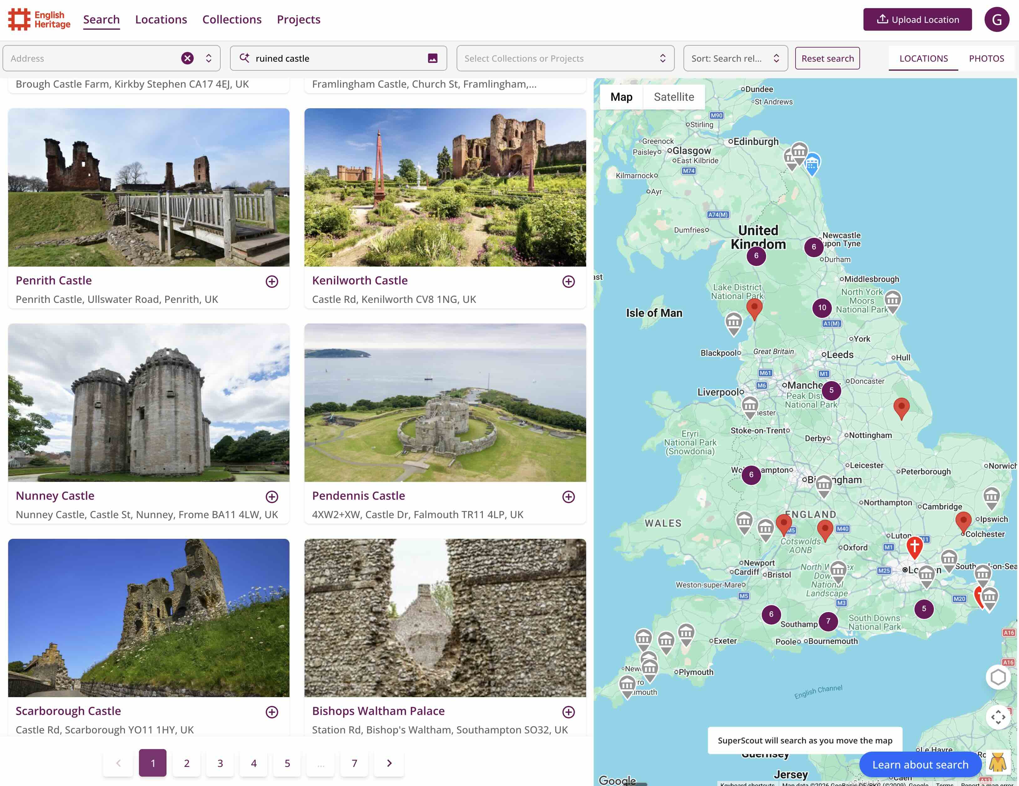 Click to expand SuperScout Pro search results showing locations matching a brief