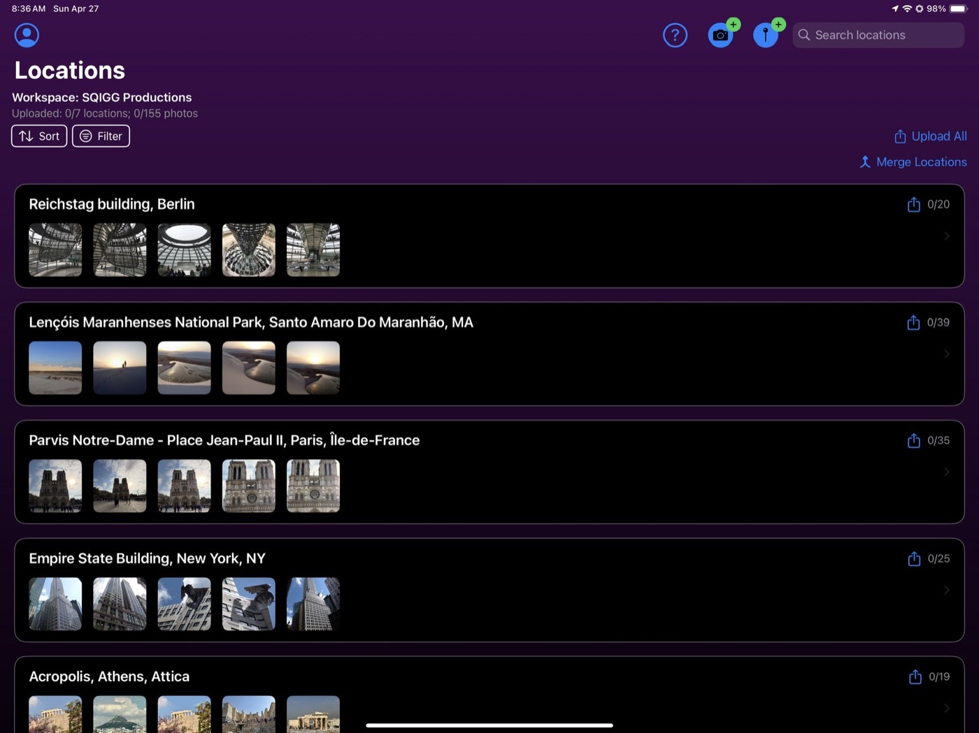 Click to expand The SuperScout Pro app on iPad, showing locations scouted in the field queued and ready to upload